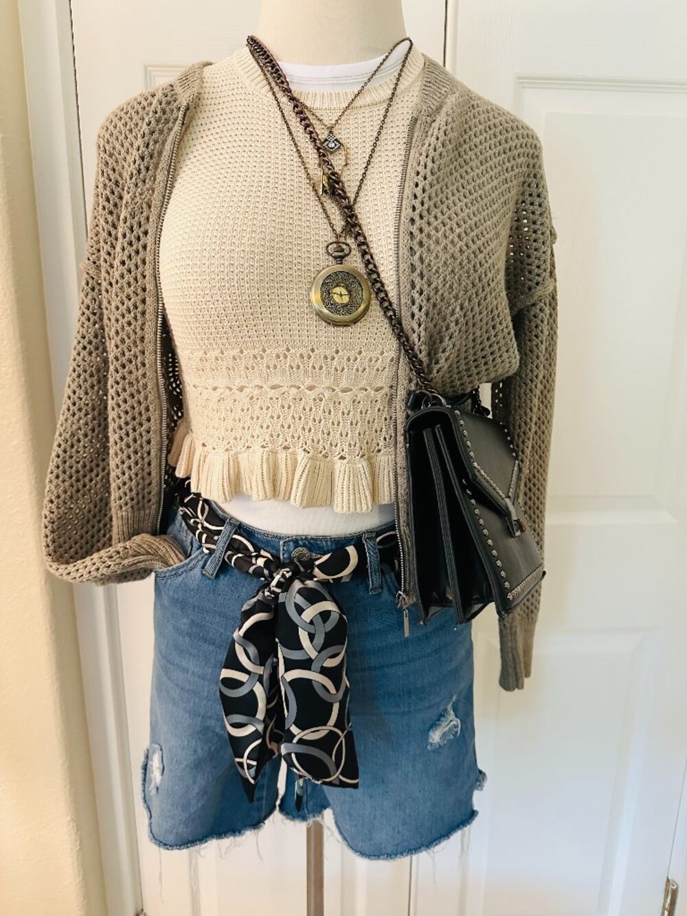 CiciBird Cream Crochet Pointelle Open Knit Ruffle Hem Peplum Sweater Tank Top S